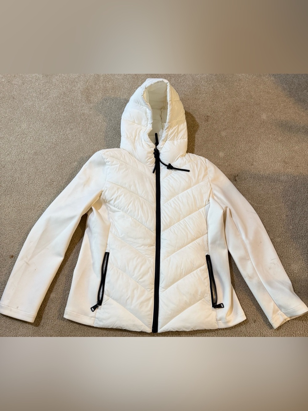 DKNY White Quilted Mixed Media Hooded Jacket
